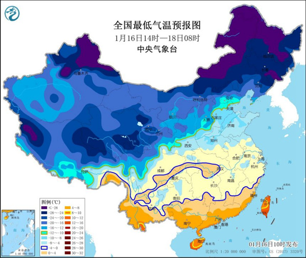 寒潮蓝色预警 最低气温0℃线将达江南南部至华南北部2