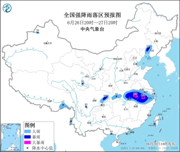 暴雨蓝色预警：安徽湖北等11省区市有大到暴雨1